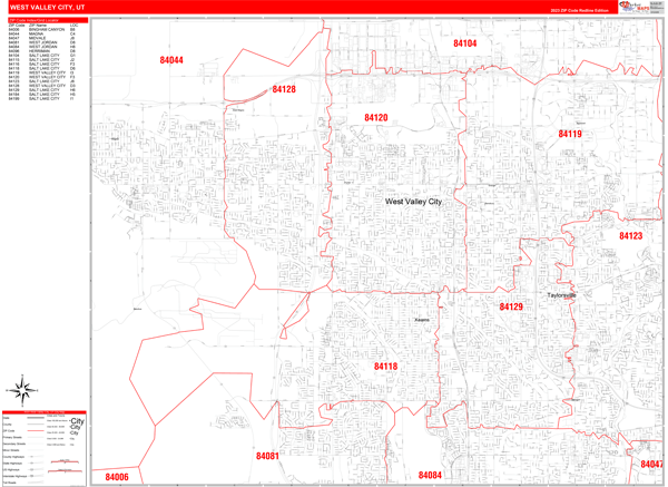 West Valley City Utah Zip Code Wall Map (Red Line Style) by 