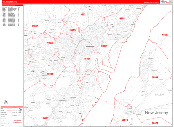 Wilmington Delaware Zip Code Wall Map (Red Line Style) by MarketMAPS