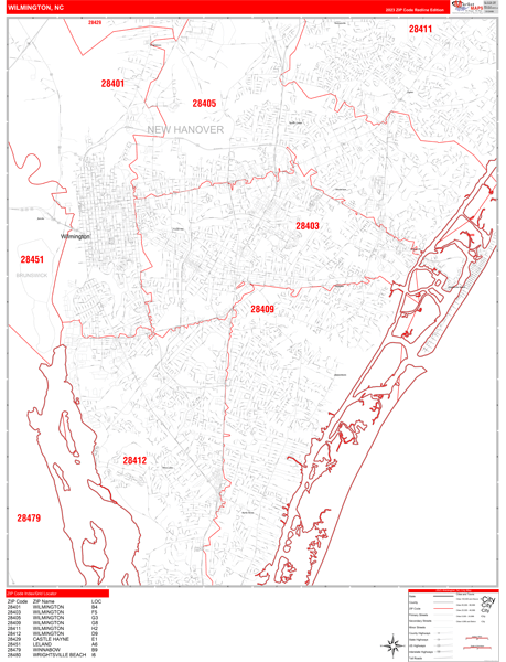 Wilmington North Carolina Zip Code Wall Map (Red Line Style) by MarketMAPS