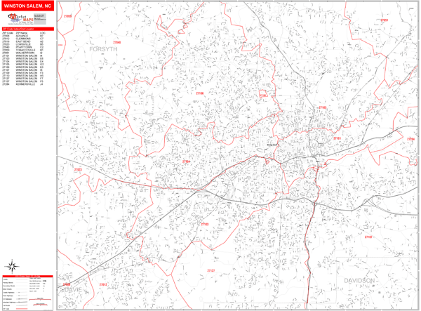 Winston-Salem North Carolina Zip Code Wall Map (Red Line Style) by ...