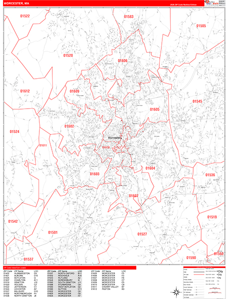 Worcester Zip Code Wall Map