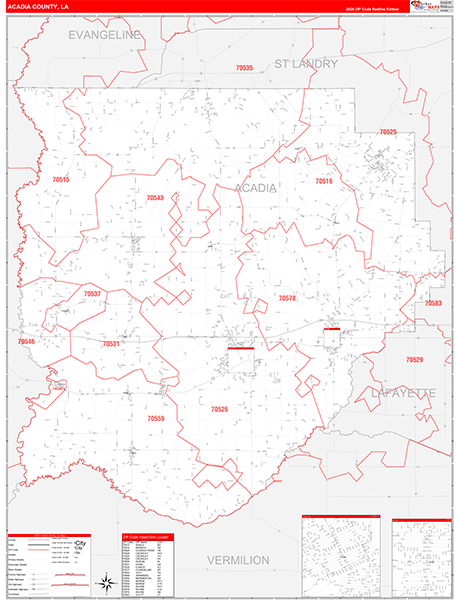 Acadia Parish (County), LA Wall Map Red Line Style