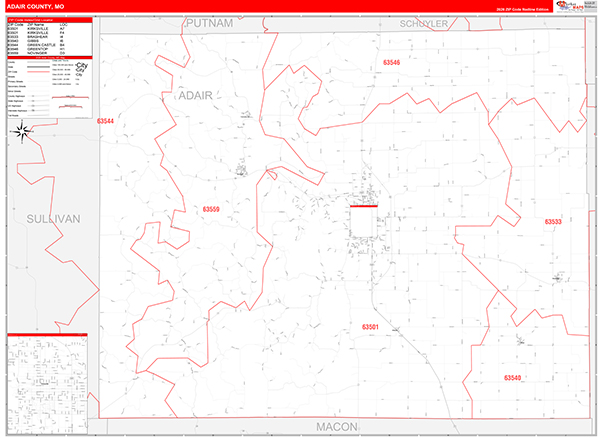 Adair County, MO Map Red Line Style