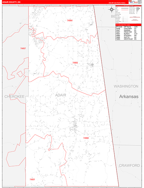 Adair County, OK Zip Code Wall Map