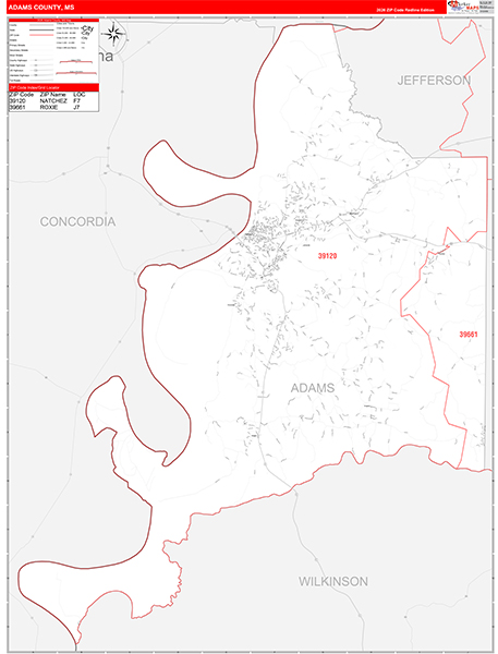 Adams County, MS Zip Code Map