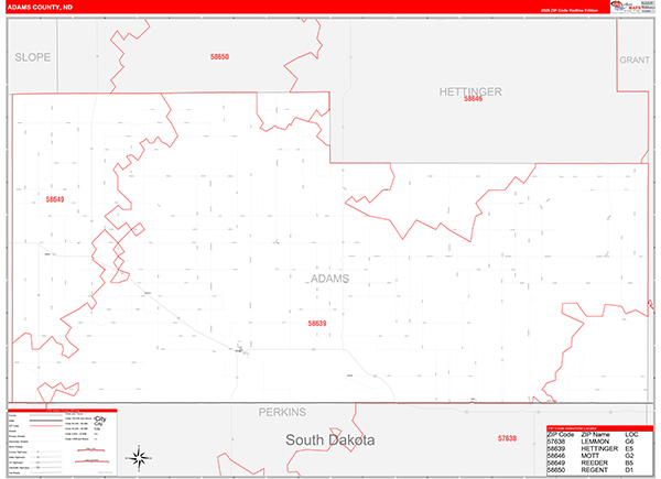 Adams County, ND Wall Map Red Line Style