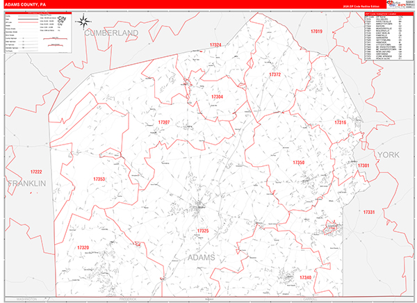 Adams County, PA Wall Map Red Line Style