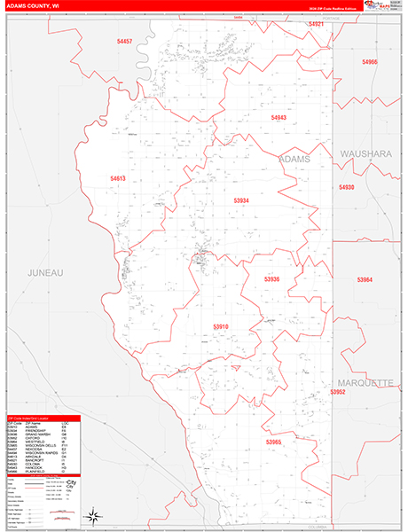 Adams County, WI Zip Code Wall Map