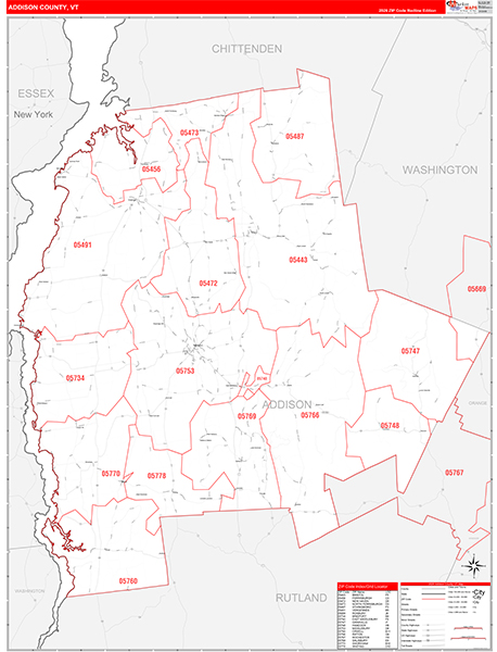 Addison County, VT Zip Code Wall Map