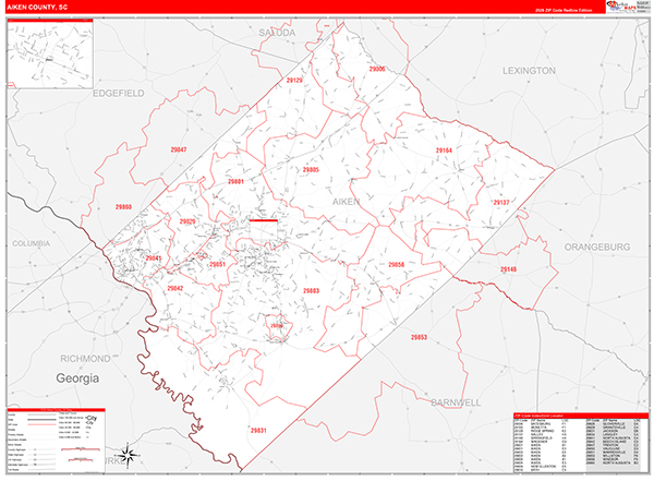 Aiken County, SC Zip Code Wall Map