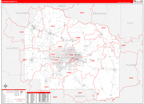 Alachua County Wall Map Red Line Style