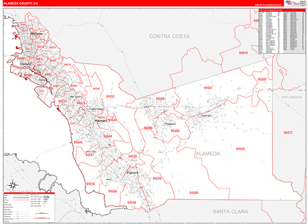 Alameda County, CA Map Red Line Style