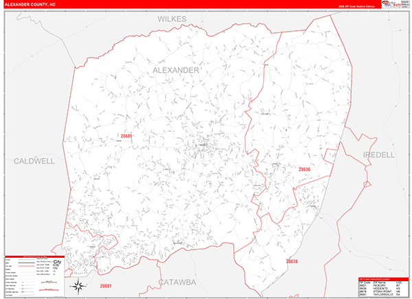 Alexander County, NC Zip Code Wall Map