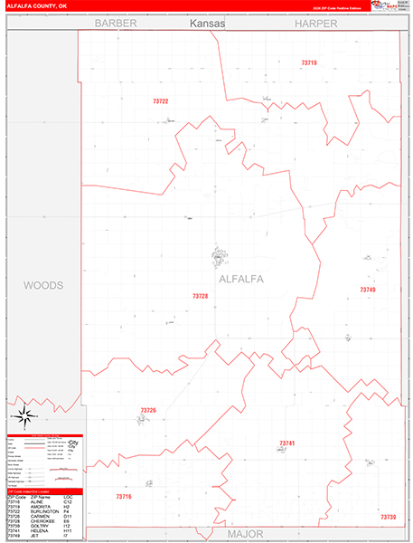 Alfalfa County, OK Zip Code Wall Map