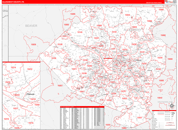 Allegheny County, PA Wall Map Red Line Style