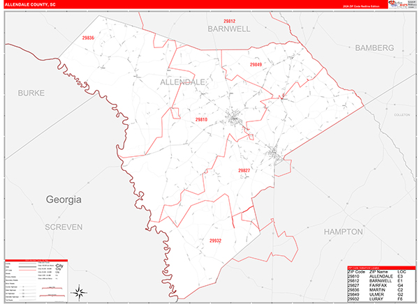 Allendale County, SC Zip Code Wall Map