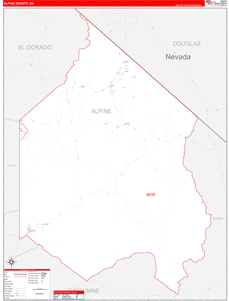 Alpine County, CA Map Red Line Style