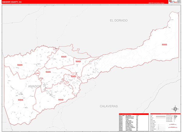 Amador County, CA Map Red Line Style