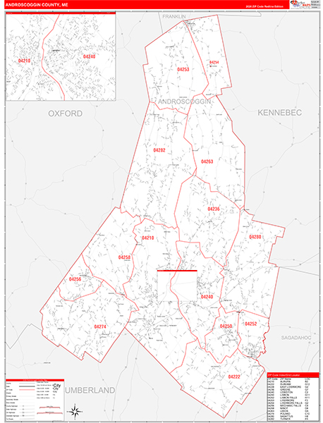 Androscoggin County, ME Wall Map Red Line Style