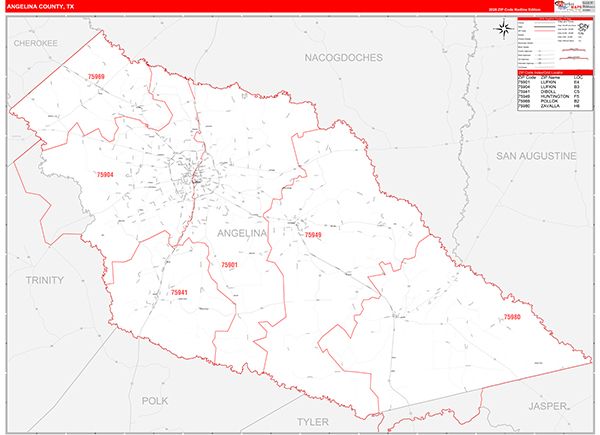 Angelina County, TX Zip Code Map