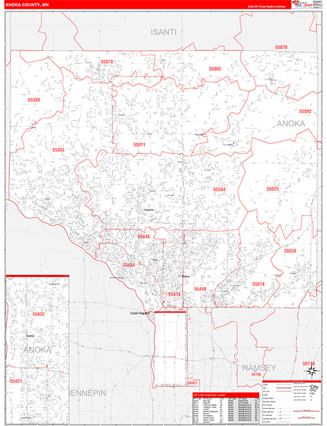 Anoka County Wall Map Red Line Style