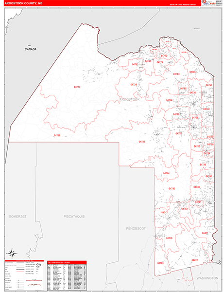 Aroostook County, ME Wall Map Red Line Style