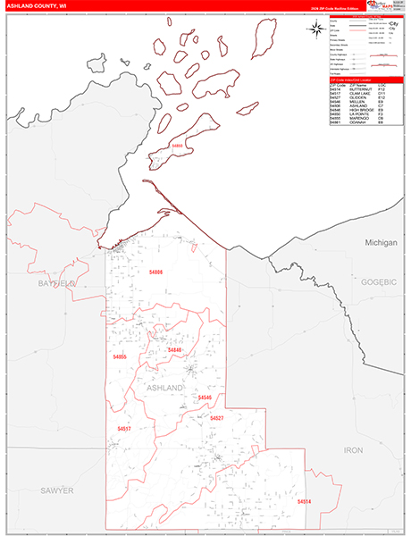 Ashland County, WI Zip Code Wall Map