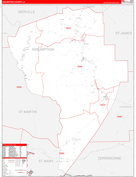 Assumption Parish (County), LA Wall Map Red Line Style