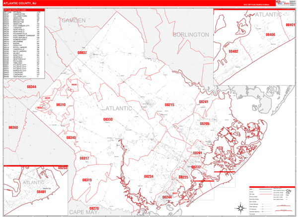 Atlantic County, NJ Wall Map Red Line Style