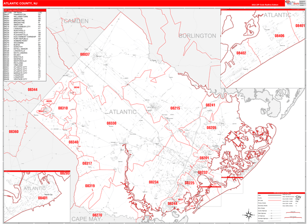 Atlantic County Nj Zip Code Wall Map Red Line Style By Marketmaps Mapsales 5567