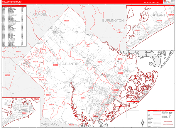 Atlantic County, NJ Zip Code Wall Map
