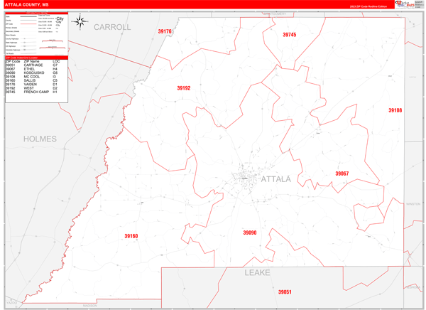 Attala County Wall Map Red Line Style