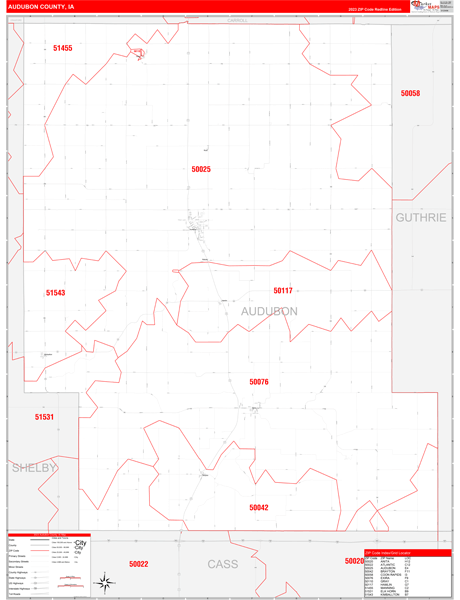 Audubon County, IA Wall Map Red Line Style