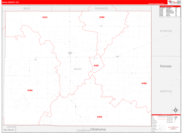 Baca County, CO Wall Map Red Line Style