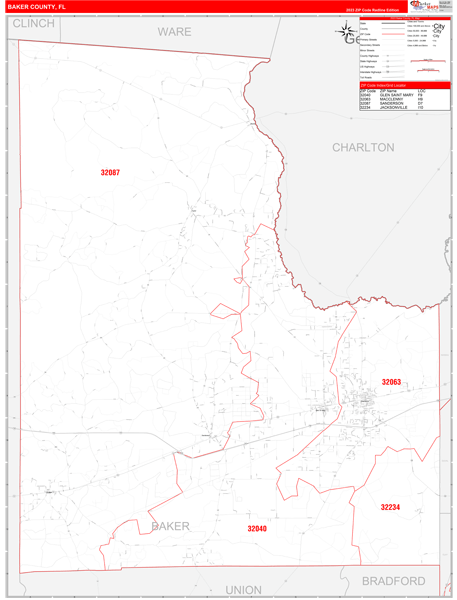 Baker County Wall Map Red Line Style