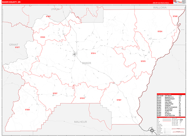 Baker County, OR Zip Code Wall Map