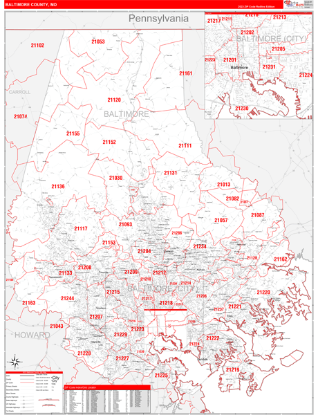 Zip Code Map Baltimore County Baltimore County, MD Zip Code Wall Map Red Line Style by MarketMAPS