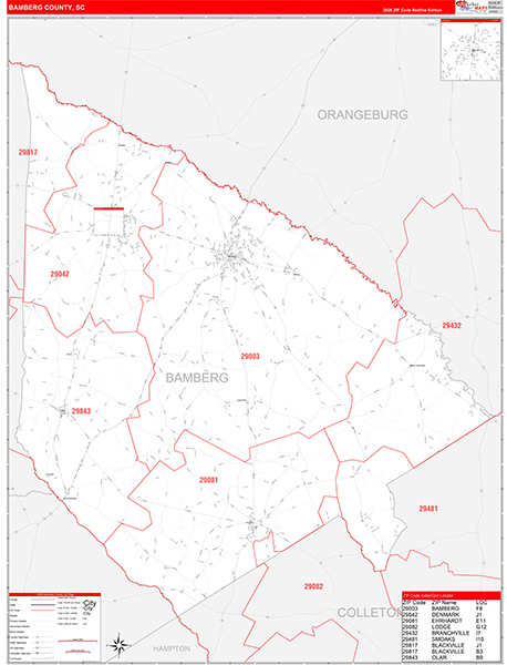 Bamberg County, SC Zip Code Wall Map