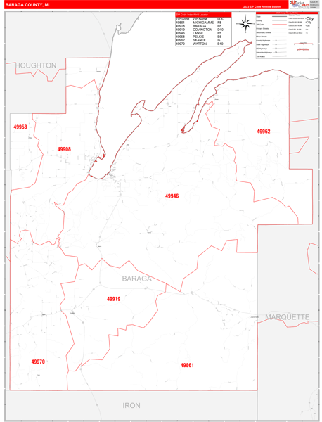 Baraga County Wall Map Red Line Style