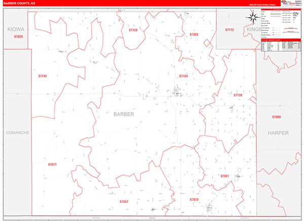 Barber County, KS Wall Map Red Line Style