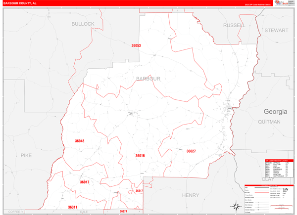 Barbour County, AL Zip Code Wall Map Red Line Style by MarketMAPS
