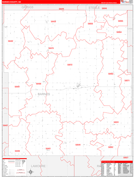 Barnes County, ND Wall Map Red Line Style