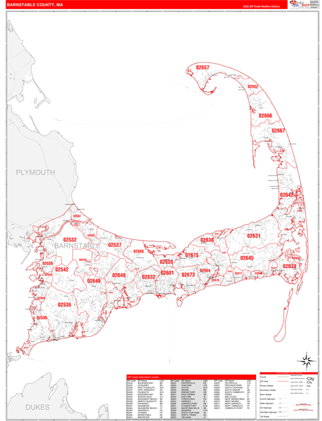 Barnstable County Wall Map Red Line Style