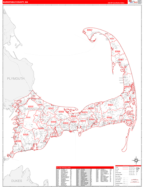 Barnstable County, MA Wall Map Red Line Style