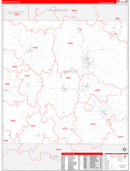 Barron County, WI Zip Code Wall Map