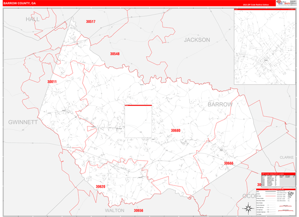 Barrow County, GA Wall Map Red Line Style