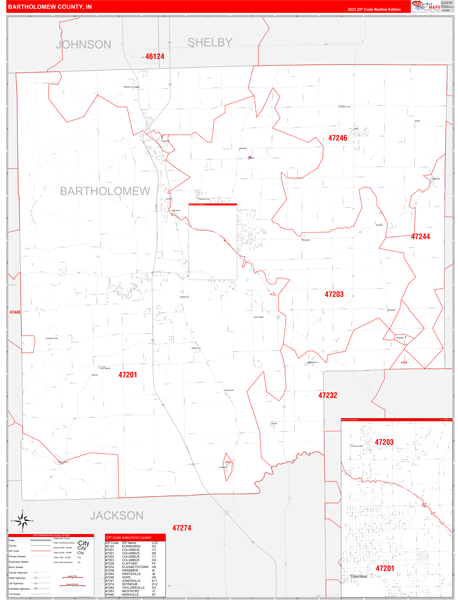 Bartholomew County Wall Map Red Line Style