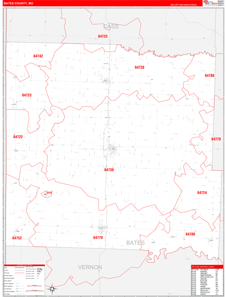 Bates County, MO Wall Map Red Line Style