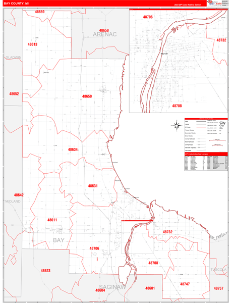 Bay County Wall Map Red Line Style