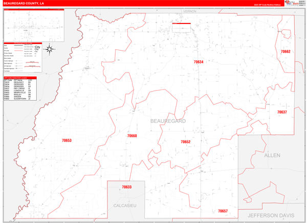 Beauregard Parish (County), LA Zip Code Wall Map